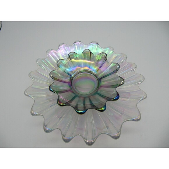 Two Vtg MCM Iridescent Celestial Carnival Trinket Dish Flower Art Glass - Picture 2 of 11